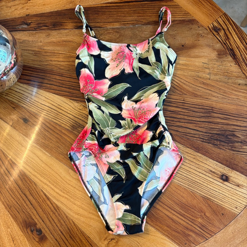 Roxanne Vintage Floral One Piece Swimsuit Black Pink Gold Glitter Bra  Sz 12/34C
